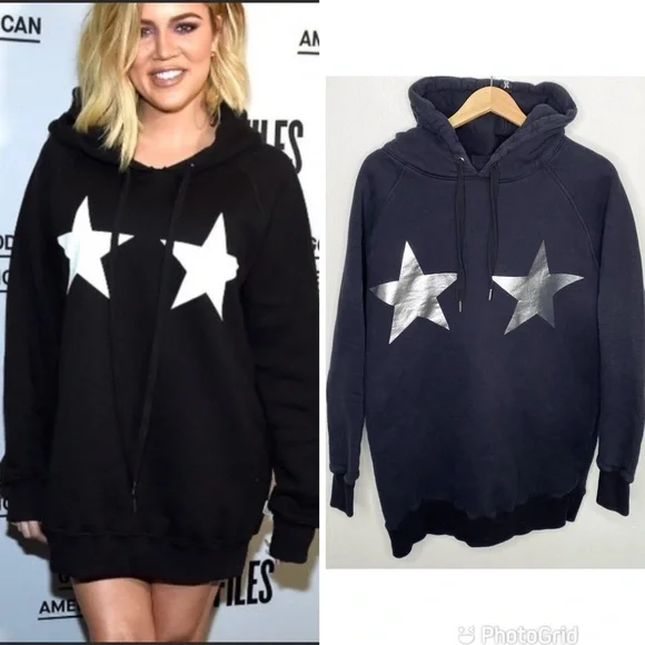 Good American Stars And Stripes Black Silver Hoodie Sweatshirt Dress - Picture 1 of 16